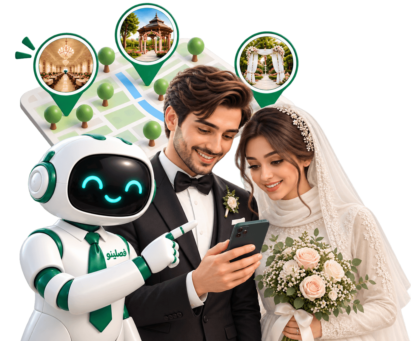 عروس و داماد در حال استفاده از دستیار هوشمند فصلینو